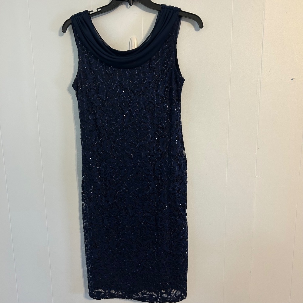 Onyx Nite Womens Navy Blue Sequin Lace Cowl Neck Cocktail‎ Dress Size 10 USA